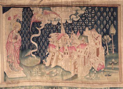 2番目の天使は、「アンジェの黙示録」からのバビロンの崩壊を発表しました。1373-87（タペストリー） 作： Nicolas Bataille